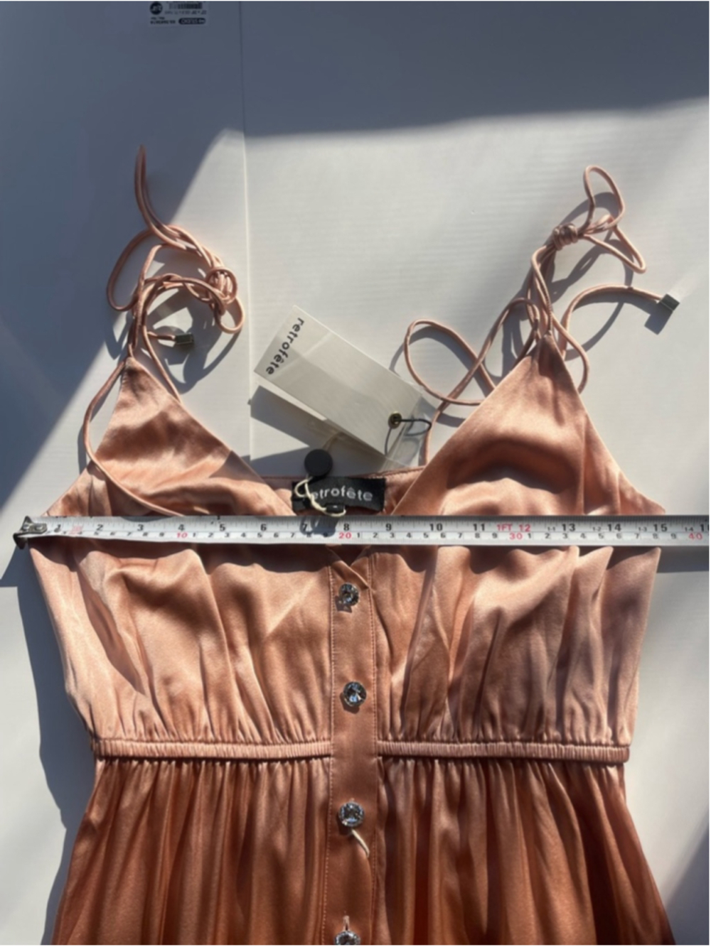 RETROFÊTE Diane Silk Mini Dress Dusty Rose Rhinestone Button Slip Size S - Picture 6 of 9